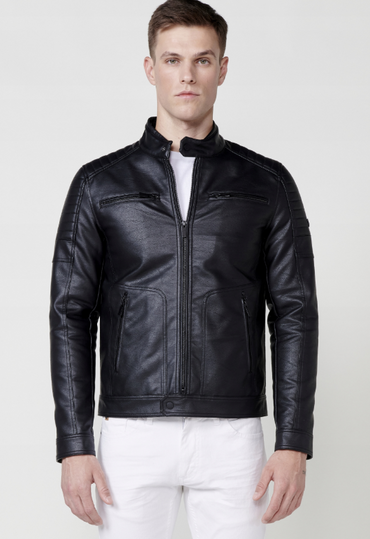 Men's KOROSHI Black Faux Leather Motorcycle Jacket with Stand-up Collar