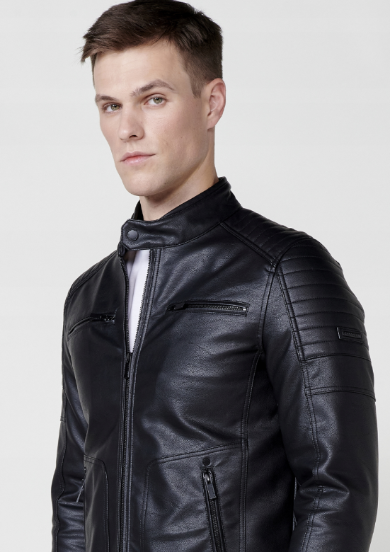 Men's KOROSHI Black Faux Leather Motorcycle Jacket with Stand-up Collar