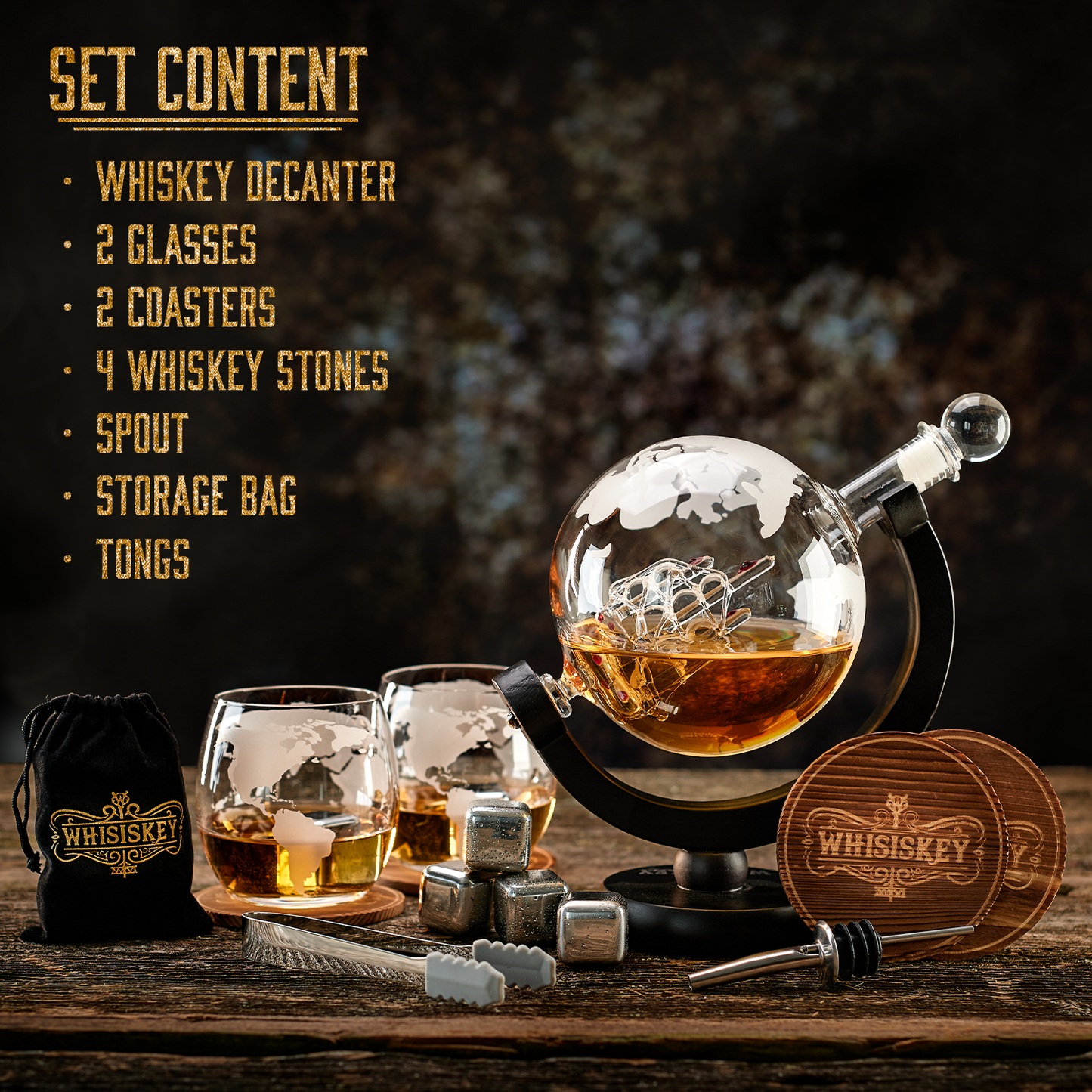The Explorer Luxury Whiskey Decanter Set with Wooden Stand