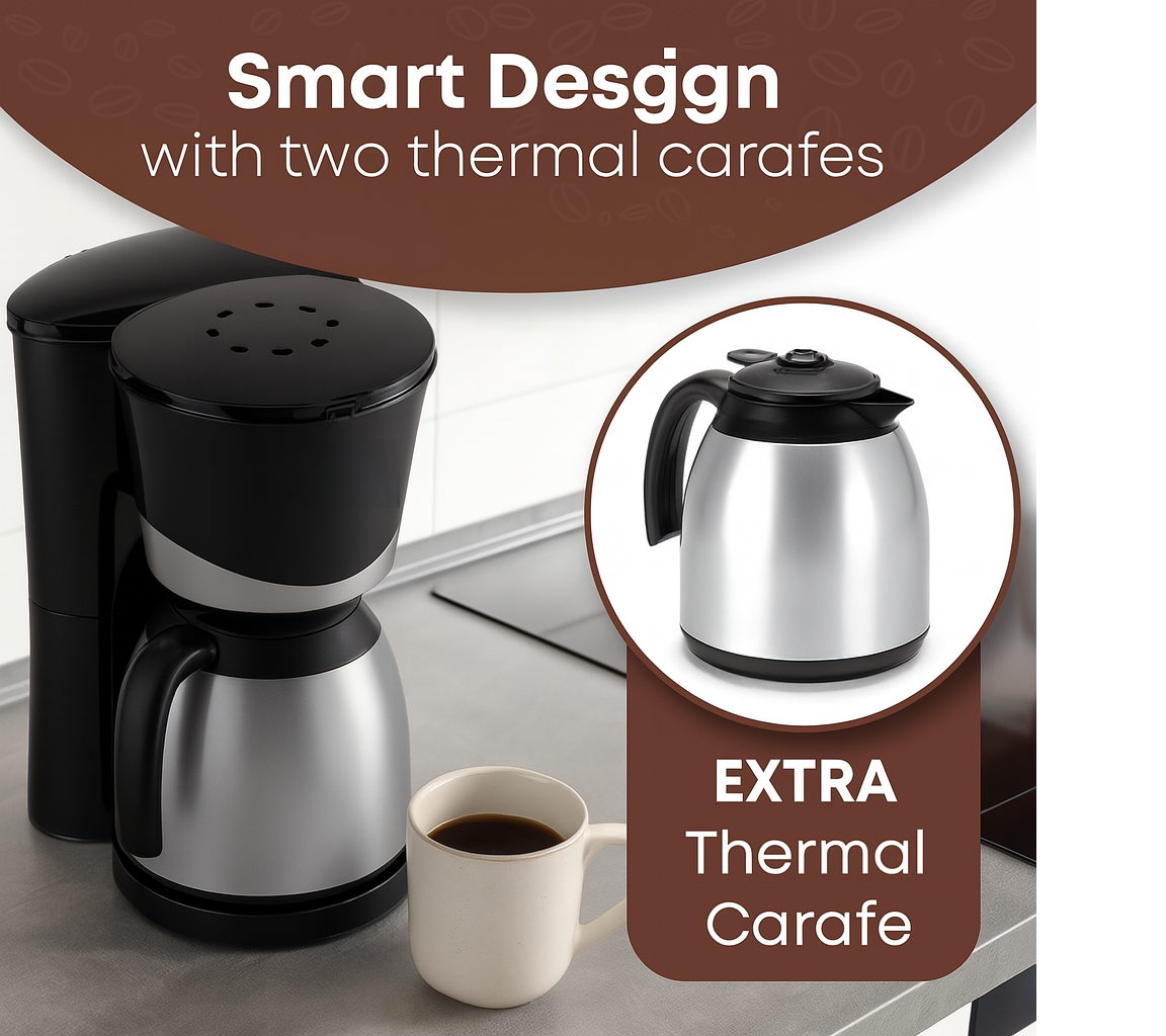 Coffee maker with two thermal carafes on a kitchen counter, featuring an inset image of an extra thermal carafe.