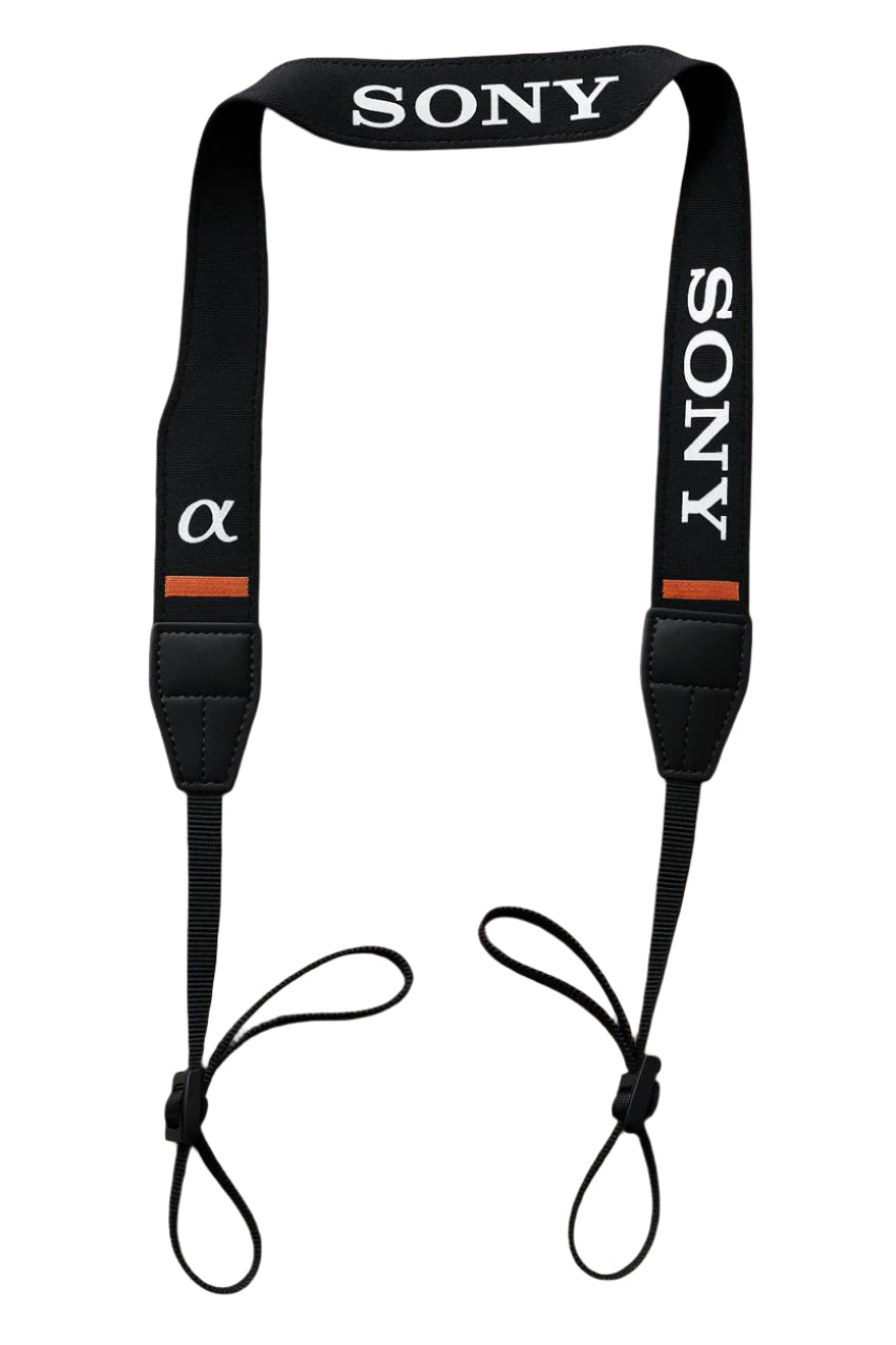 Sony camera strap with brand logos on a white background