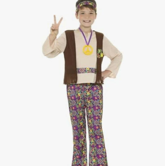 Child wearing a costume with a vest and colorful pants on an Amazon product page.