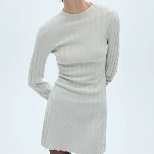 Elegant Women's Perkins-Neck Fine-Knit Flared Mini Dress with Long Sleeves - Gomix Brands Outlet
