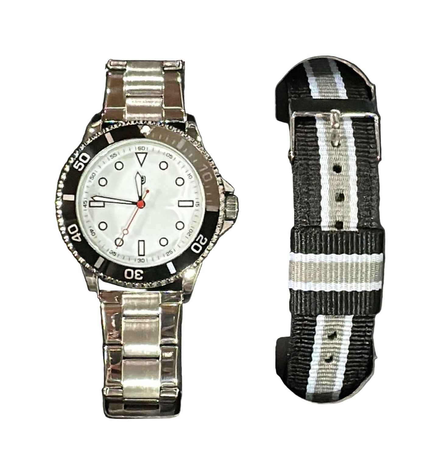Silver watch with a white face and black bezel, accompanied by a black and white striped NATO strap on a dark background.