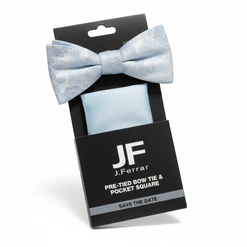 J.Ferrar Pre-Tied Bow Tie & Pocket Square Set – Light Blue Pattern
