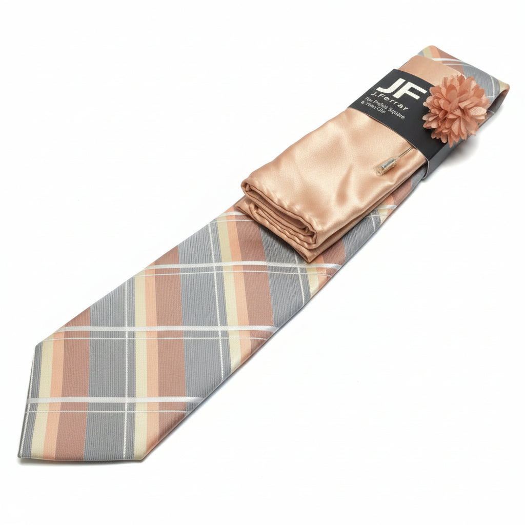 J.Ferrar Tie, Pocket Square & Lapel Pin Set – Plaid Design