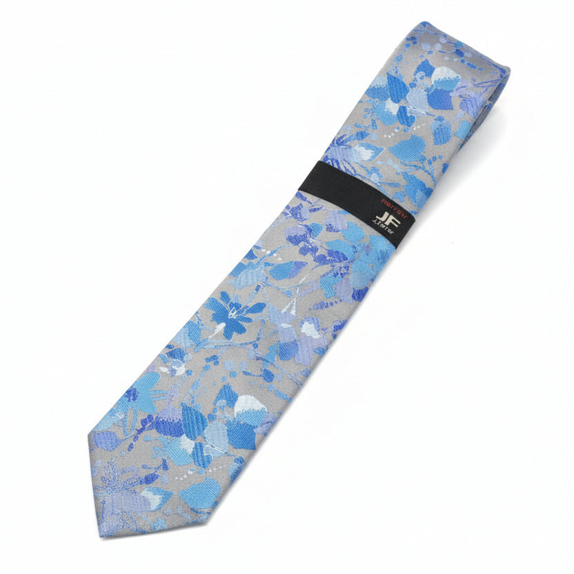 J.Ferrar Floral Pattern Tie – Blue & Silver Tone