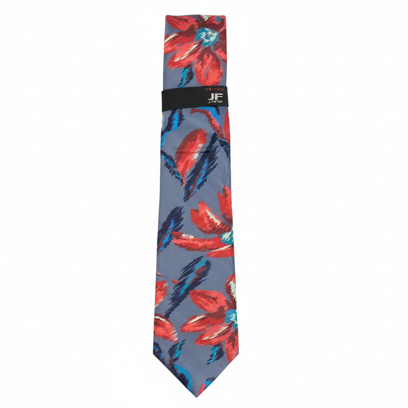 J.Ferrar Abstract Floral Print Tie – Red & Blue on Grey