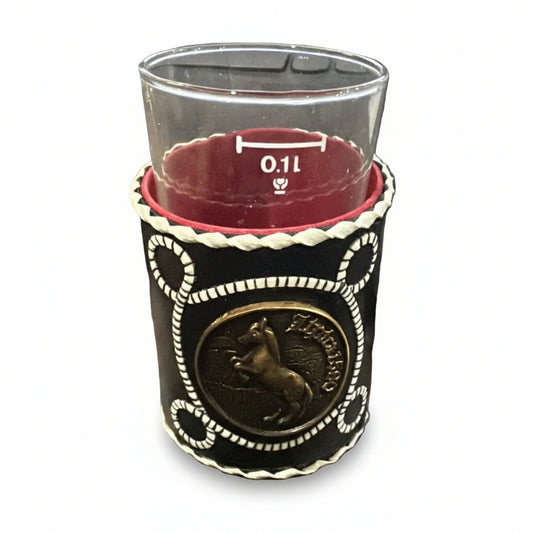 Vintage Leather Cup Holder with Brass Horse Emblem – Elegant Drinkware Accessory Set of 6