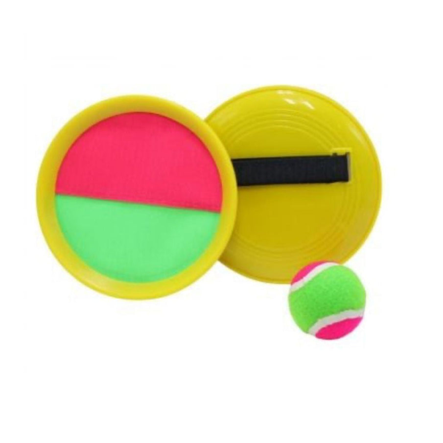Beach racket with velcro and ball on a white background