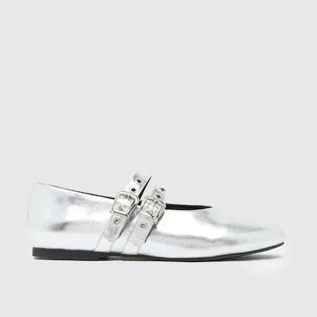 Schuh Livy Shiny Silver Metallic Faux-Leather Mary Jane Flat Shoes with Buckles6. - Gomix Brands Outlet