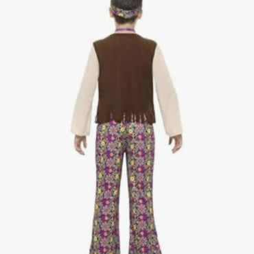 Hippie costume with top, vest, and floral pants on a white background