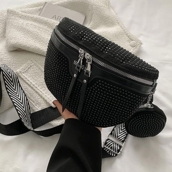 Black waist bag with strass on a white background, displayed on Amazon.