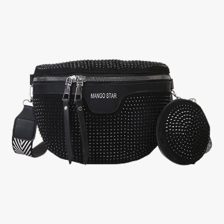 Black studded handbag with matching round pouch on Amazon product page