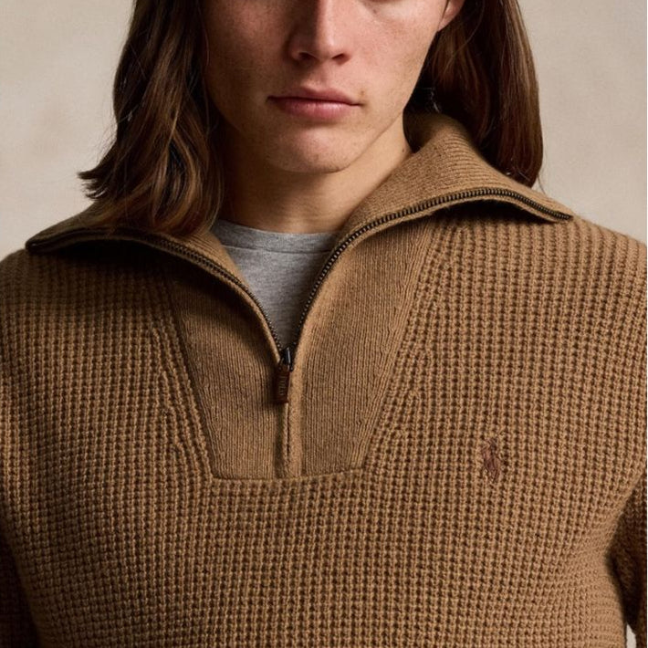 Polo Ralph Lauren waffle wool-cotton quarter-zip sweater on a model with product details.