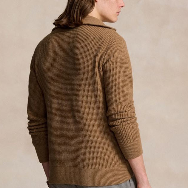 Polo Ralph Lauren waffle wool-cotton quarter-zip sweater on a beige background