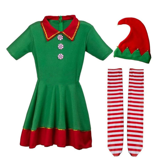 Green dress with red trim, elf hat, and red and white striped socks on a white background