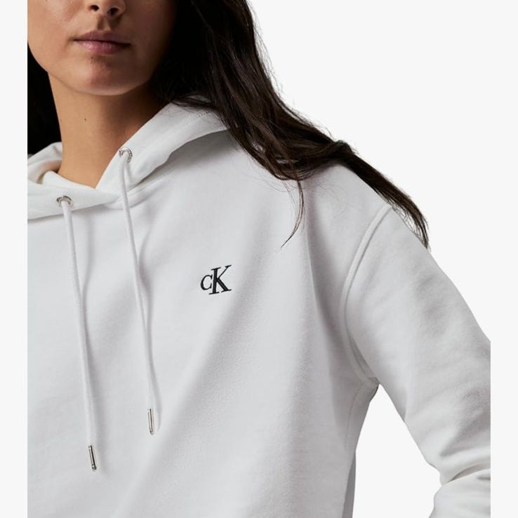 Calvin Klein white hoodie on a smartphone screen with product details.