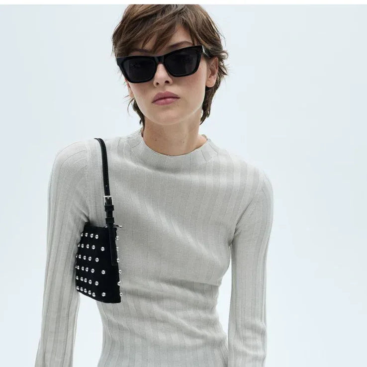 Elegant Women's Perkins-Neck Fine-Knit Flared Mini Dress with Long Sleeves - Gomix Brands Outlet