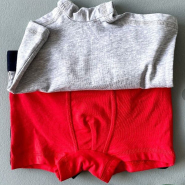 Gray top and red shorts on a gray surface with a Torob.com website open in the background.