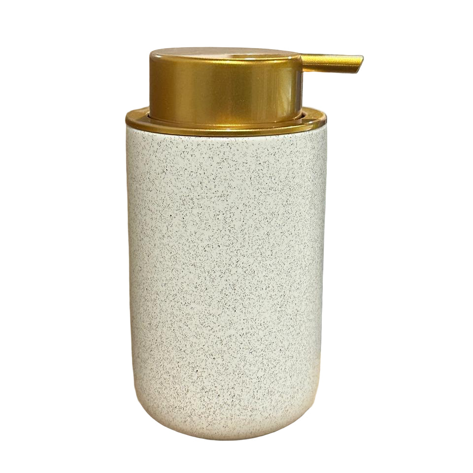 White speckled soap dispenser with gold pump