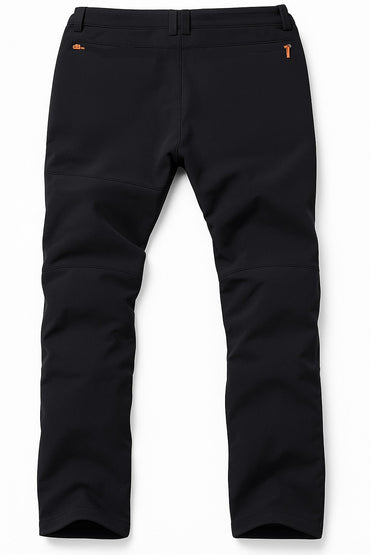 Black pants with orange zippers on a white background