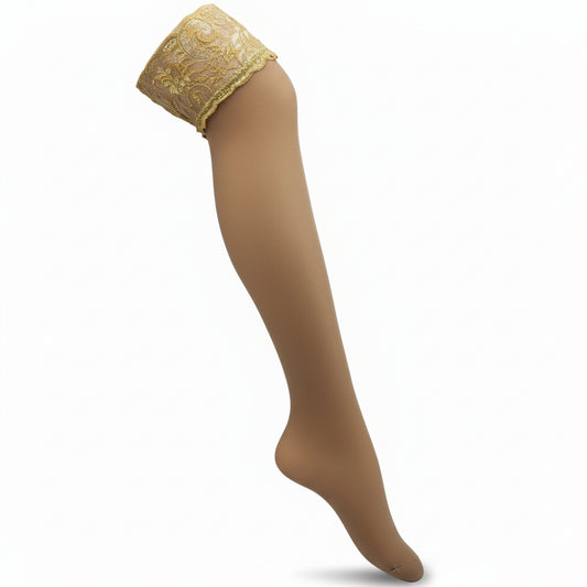 HALTERLOS Thigh High Stockings Sheer Lace Silicone Stay Up Hosiery Tights Nylon Pantyhose for Women (Nude, One Size)