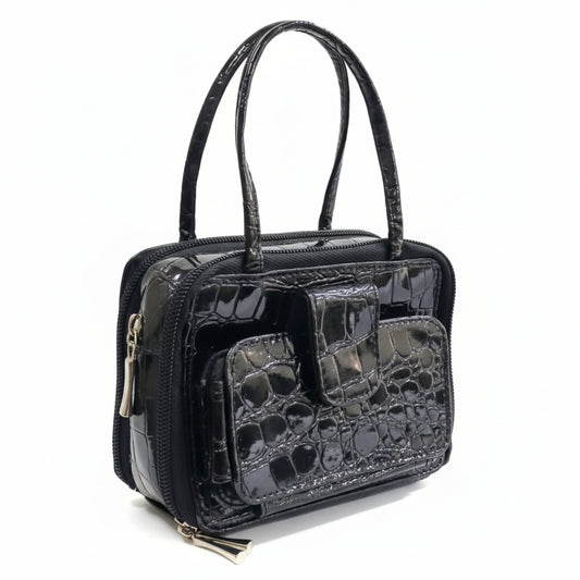 MINI BAG Croc Embossed Leather Woven Mini Box Bag Black Chic Leather