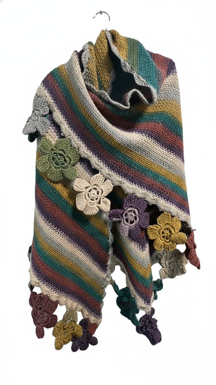 Handmade Crochet Floral Shawl – Multicolor Striped Wrap
