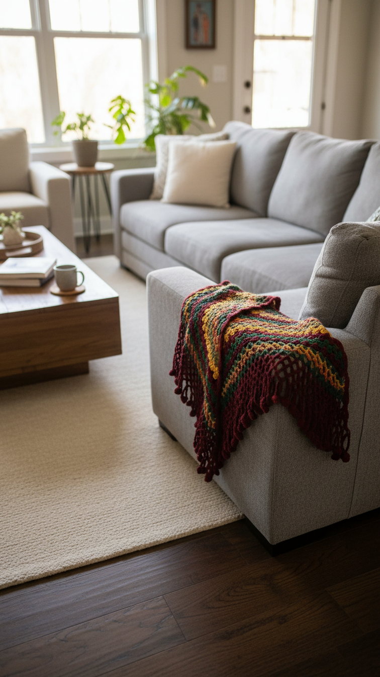 Handmade Crochet Chevron Shawl with Fringe – Autumn Multicolor