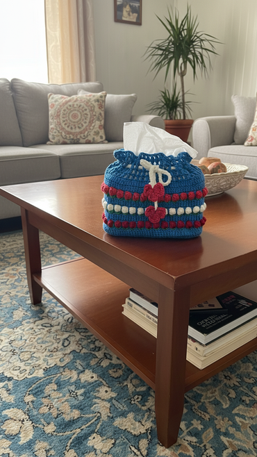 Handmade Crochet Tissue Box Cover – Blue Floral Stripe Design - Gomix Brands Outlet