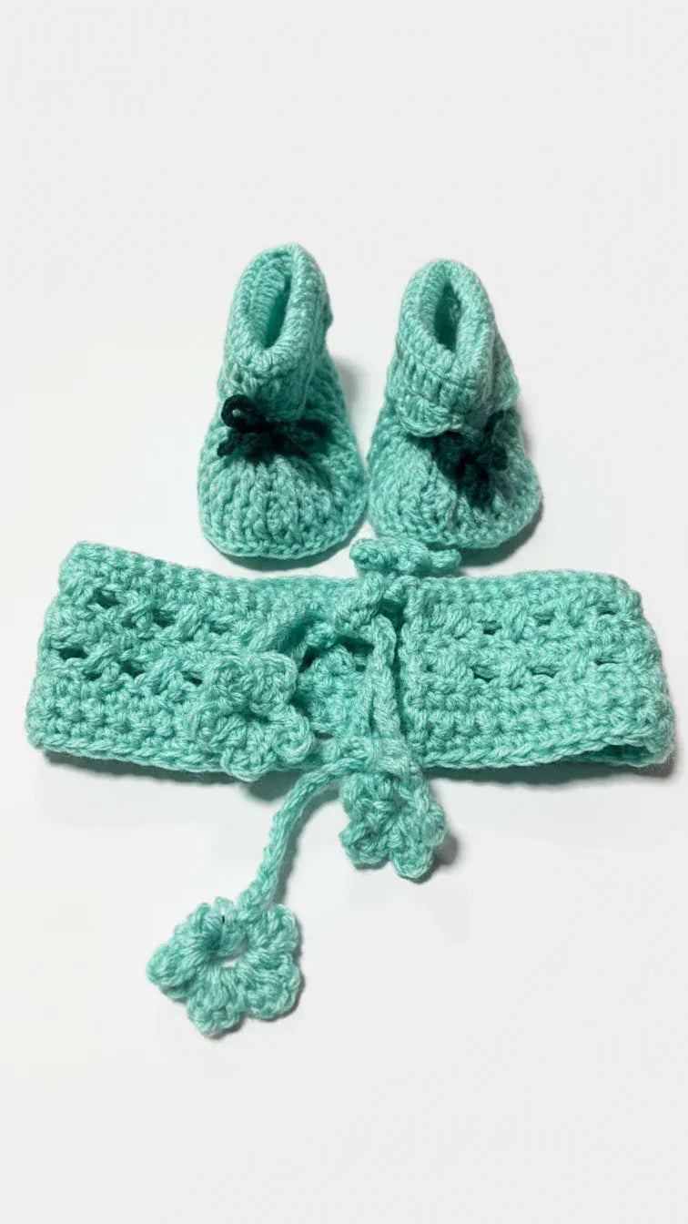 Handmade Crochet Baby Aqua Dress Ribbon Waist Set with Headband & Booties - Gomix Brands Outlet