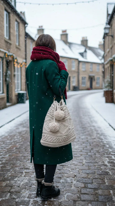 Handmade Crochet Bag with Pom-Poms – Natural Beige - Gomix Brands Outlet