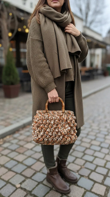 Handmade Crochet Clutch Bag with Bamboo Handle – Earth Tone Mix - Gomix Brands Outlet