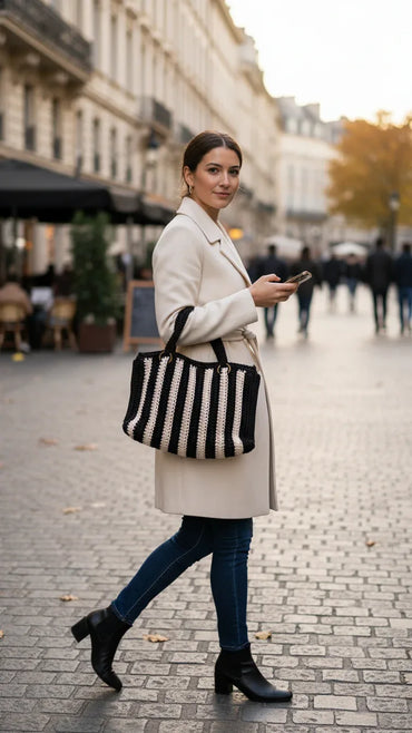 Handmade Crochet Tote Bag – Black & Beige Vertical Stripes - Gomix Brands Outlet