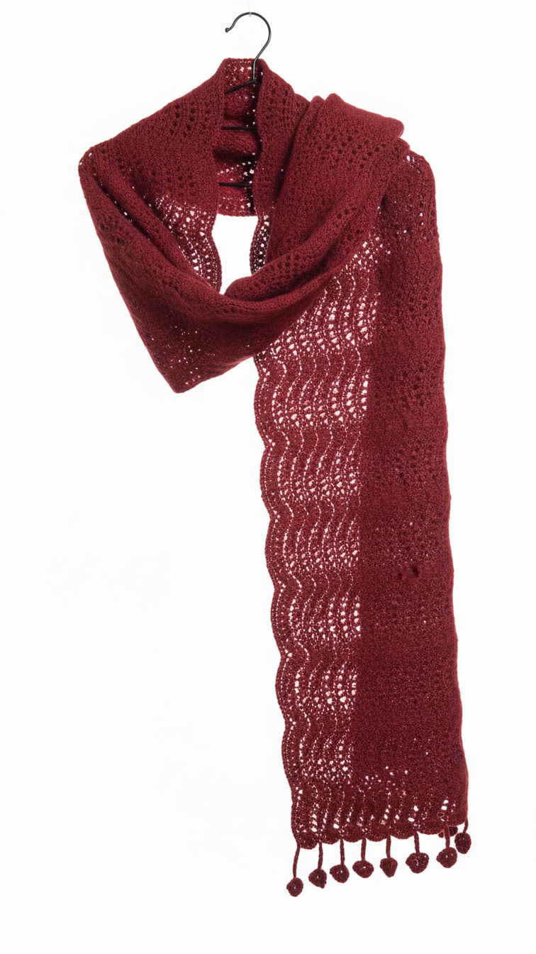 Handmade Crochet Scarf with Tassel Ends – Burgundy
