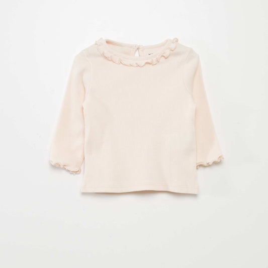 Pink Ribbed Knit Baby T-Shirt with Ruffled Collar