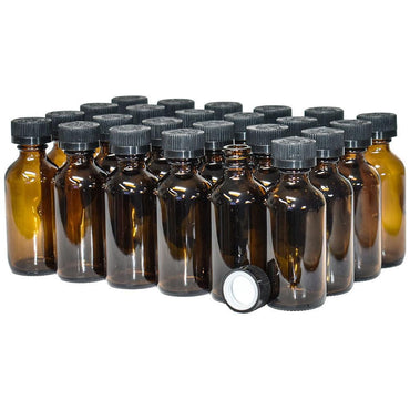 24-Pack 4oz Amber Glass Boston Round Bottles, Secure Black Cone Caps