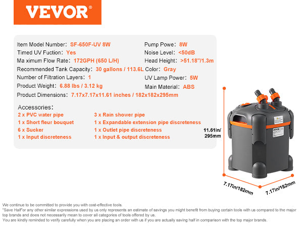 VEVOR Ultra-Quiet Canister Aquarium Filter 172 GPH, 30 Gallon, UV Protection
