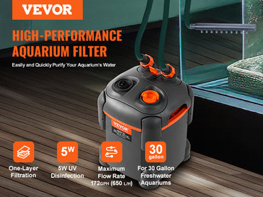 VEVOR Ultra-Quiet Canister Aquarium Filter 172 GPH, 30 Gallon, UV Protection