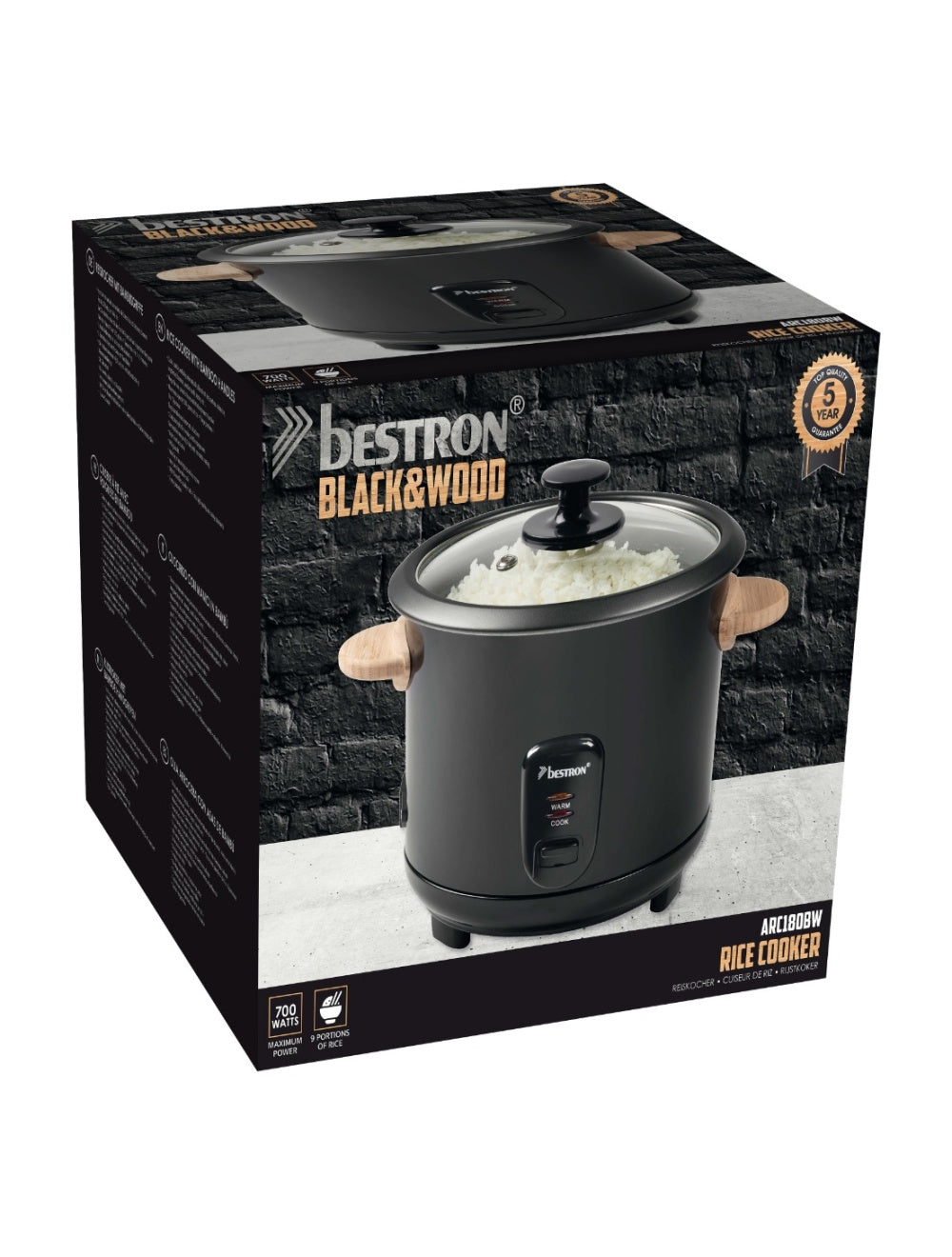 Bestron ARC180BW 1.8L Rice Cooker with Bamboo Handles & Keep Warm Function
