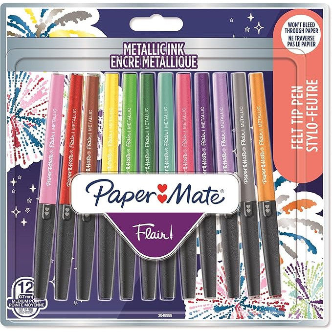 Paper Mate Flair Metallic Glitter Felt Tip Pens, 12 Assorted Shiny Colors