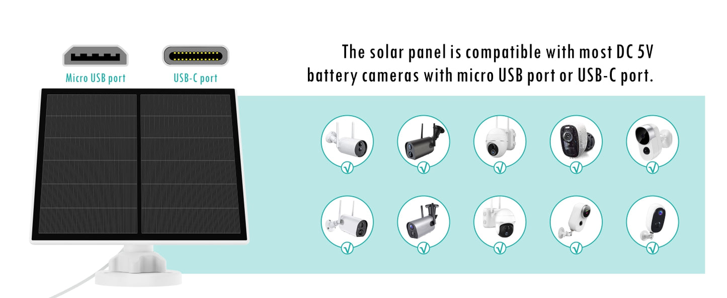 5W Solar Panel Charger for Outdoor Security Camera - Continuous Power & IP65 Waterproof