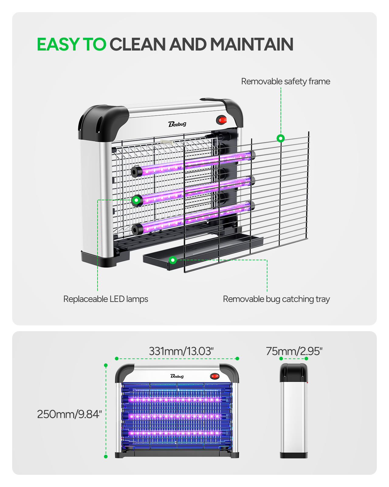 Buzbug Indoor LED Bug Zapper with 3800V Power, Dual Spectrum, 3 LED Lamps
