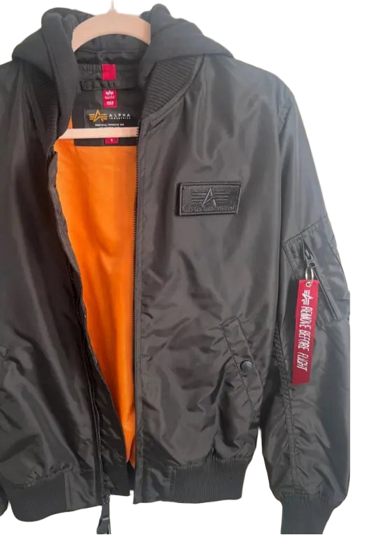 Gray bomber jacket with orange lining