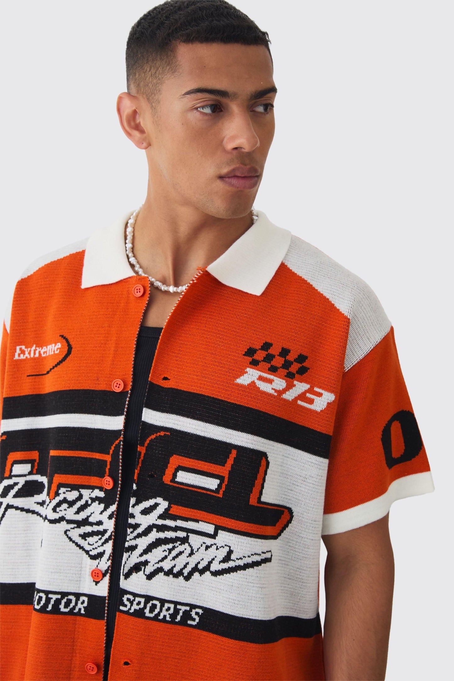 Men's Boxy Oversized Moto Knitted Short Sleeve Jacquard Shirt in Orange