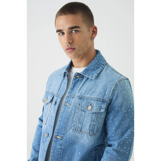 Men's Light Blue Regular Fit Rhinestone Embellished Denim Jacket Stylish - Gomix Brands Outlet