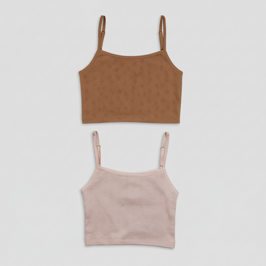 Two crop tops, one brown and one pink, on a light gray background.