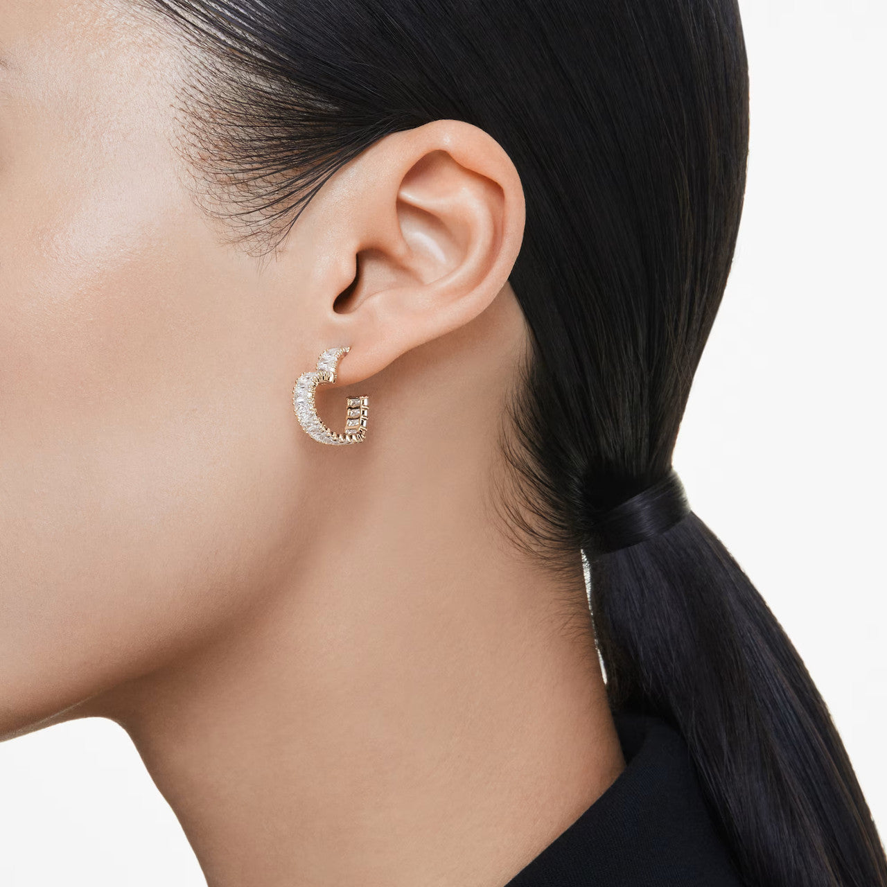 Elegant Swarovski Matrix Small Heart Hoop Earrings, Baguette White Gold-Tone Plated