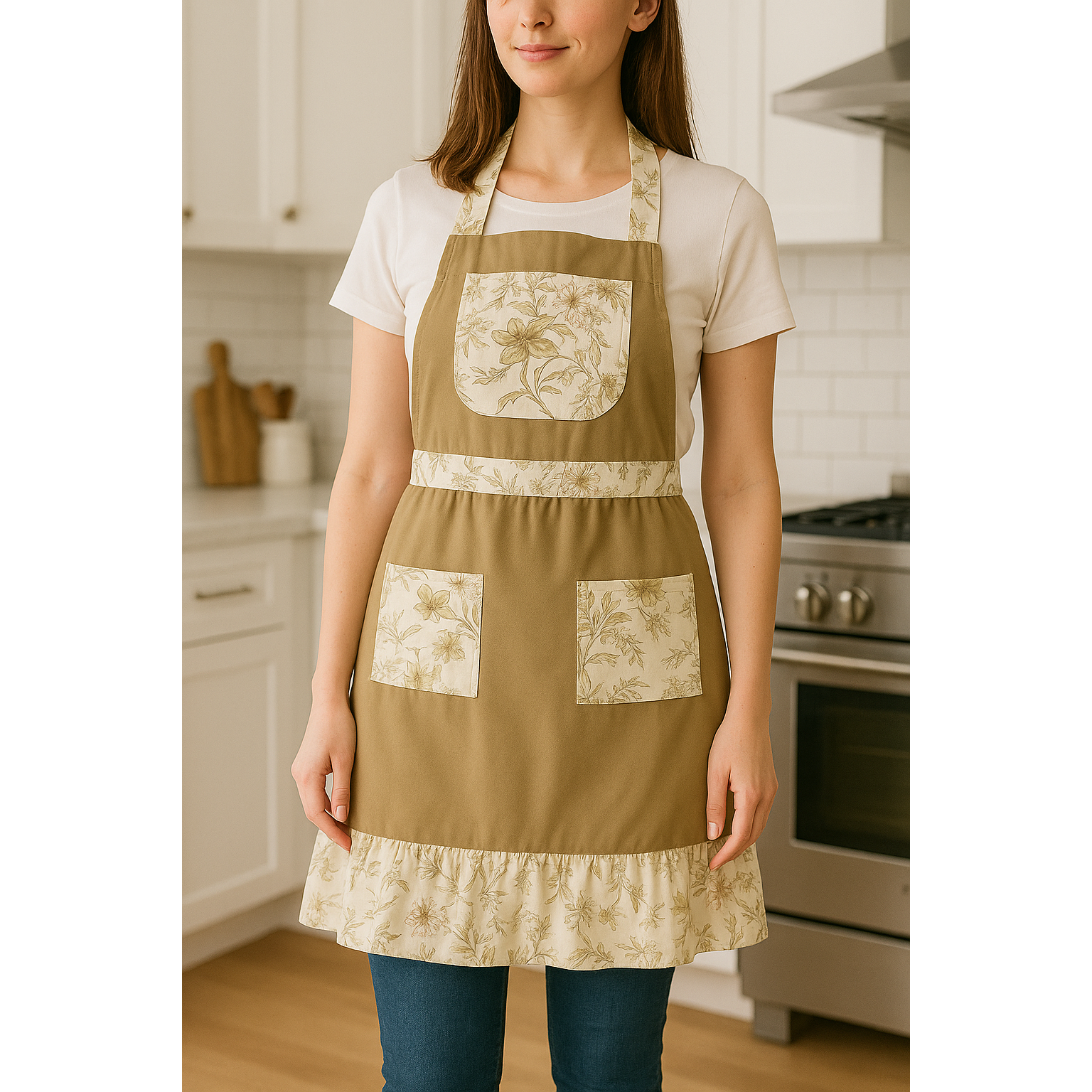 Floral Ruffle Hem Kitchen Apron with Dual Pockets - Gomix Brands Outlet